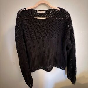 Mango Black Open-Weave Crewneck Sweater